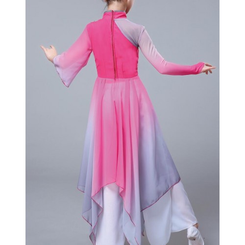 Girls kids light pink gradient fairy chinese folk dance costumes fan umbrella classical dance dresses